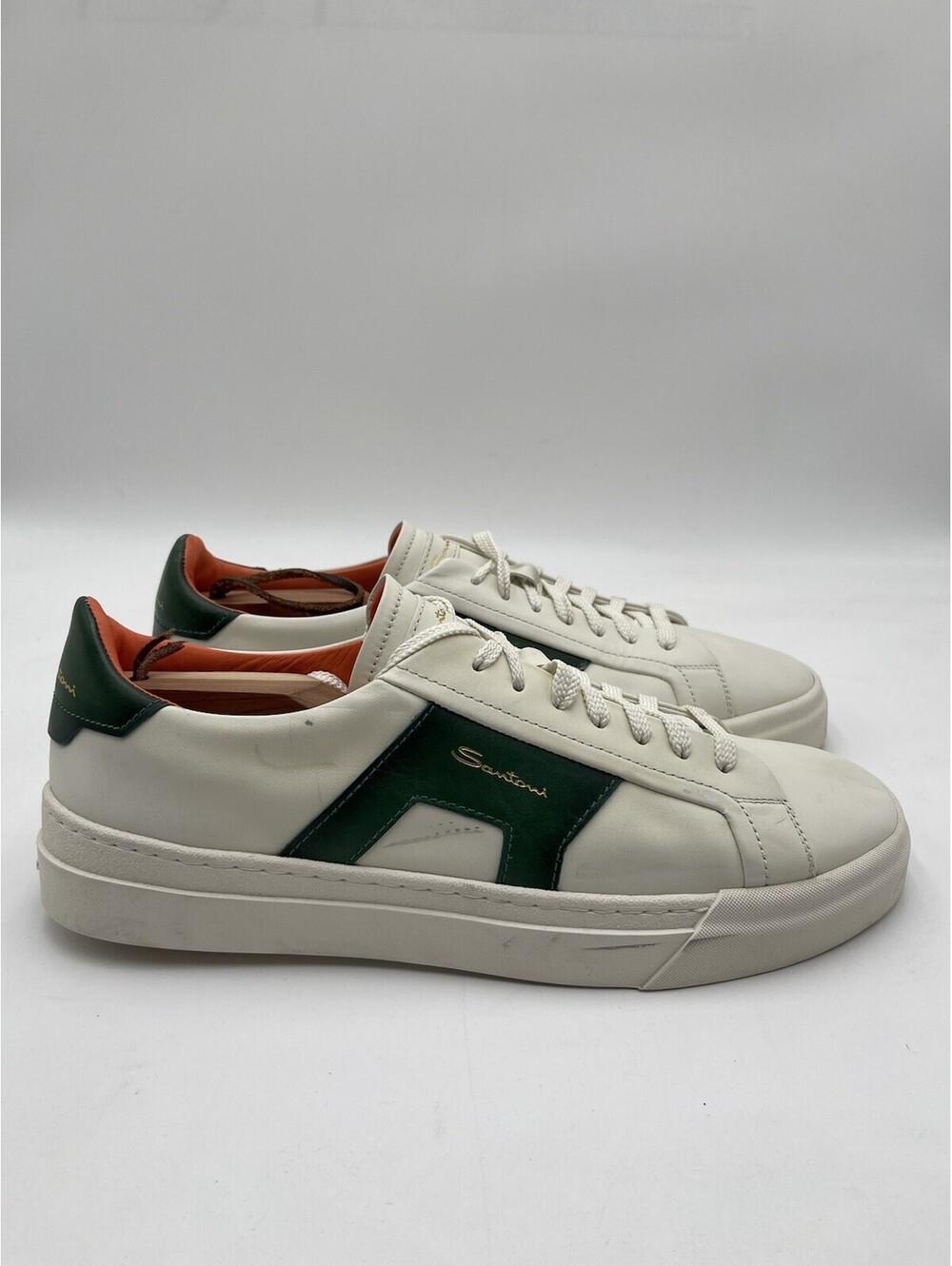Men’s Santoni DBS1 Low Top Lace Up Sneaker White / Green Leather Size 11 US